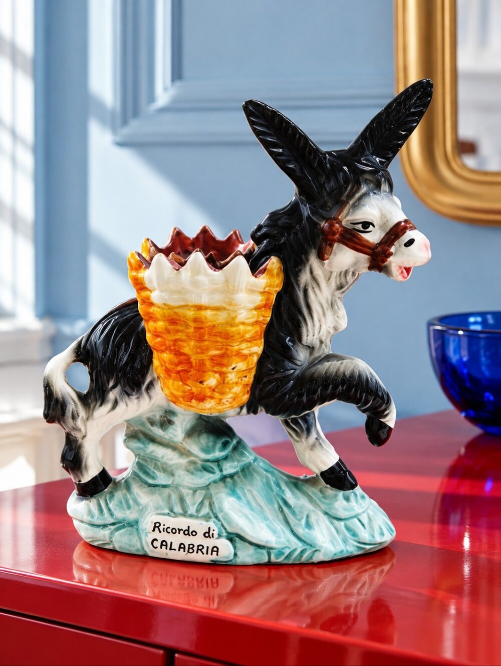 Vintage Italian Calabria Donkey Ceramic Figurine Double Baskets 10"